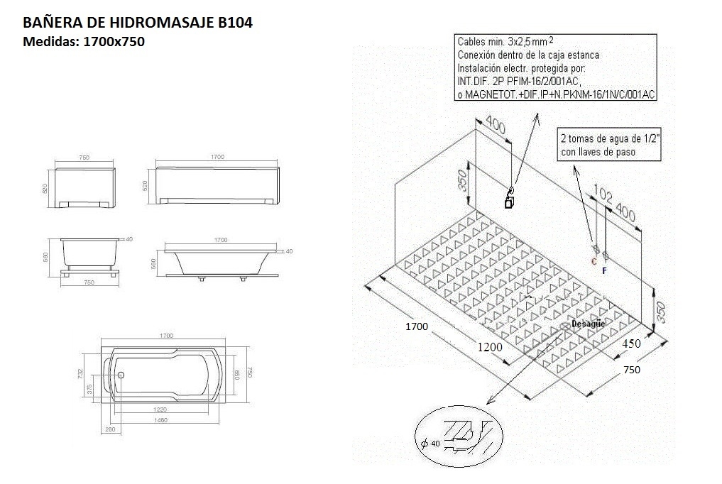Bañera B-104 plano tecnico